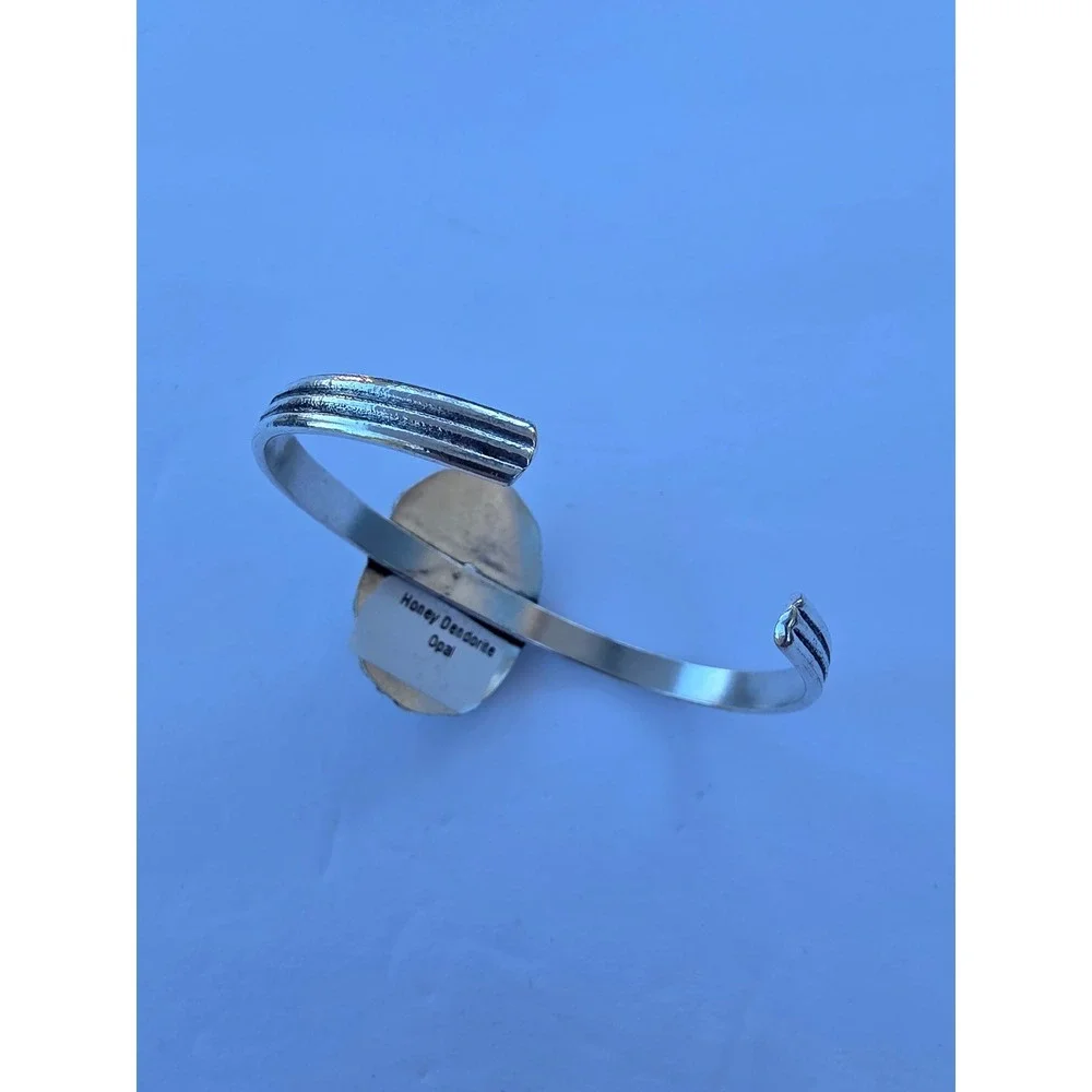 Honey Dendritic Opal Scalloped Cuff Bracelet Silver Tone Southwestern Boho